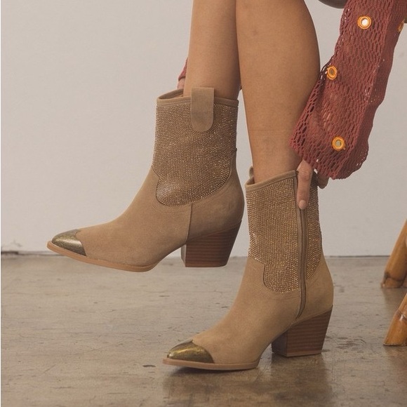 Rhinestone Studded Western Booties with Metal Toe - Oasis Society - Picture 3 of 5